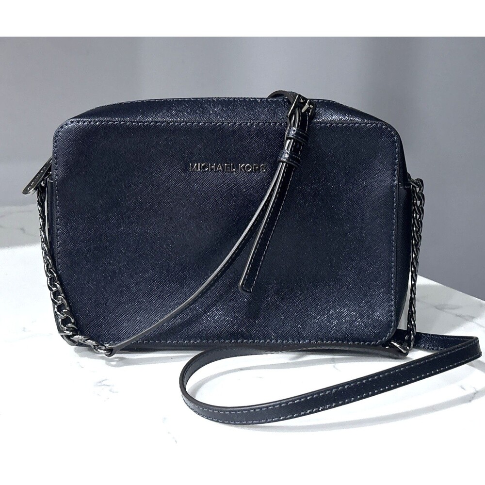 Michael Kors Jet Set Crossbody Shoulder Bag Blue Metallic Saffiano Leather